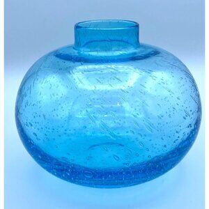 Hand Blown Blue Bubbles Glass Round Vase With Heavy Base.